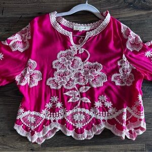 Solitaire Pink Floral Embroidered Two Piece Set top and skirt with elastic waist